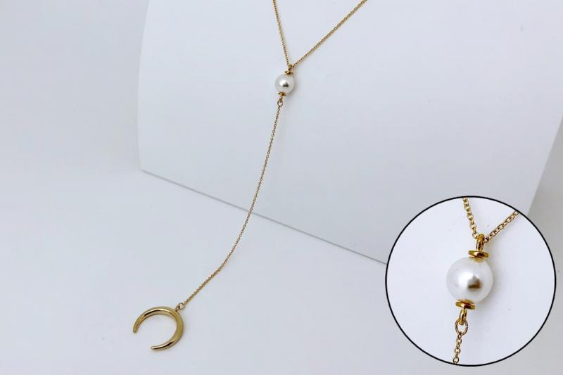 [Ozel] Sophisticated Glossy Brass Pearl Cubic Necklace